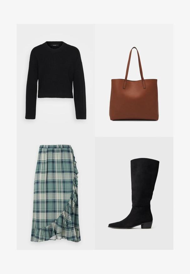 Svart kortärmad tröja i stickad tyg. Har en rund halsringning, långa ärmar och en texturerad yta med en tight passform vid nederkanten.; Randig kjol i grön och marinblå, med en volangkant och elastisk midja. Tyget har en slät yta med varierande rutmönster.; Svarta mocka knähöga stövlar med låg klack och spetsig tå, visade i sidovy på en enkel ljusgrå bakgrund.; Brun läder tote-väska med en slät textur, öppen toppdesign och två axelremmar. Har minimal söm och ingen synlig metalldetalj.