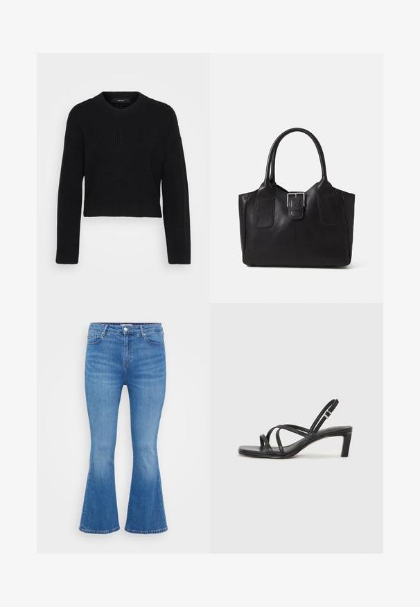 Black cropped sweater made of knit fabric. Features a round neckline, long sleeves, and a textured surface with a snug fit at the hem.; Light blue denim flared jeans, featuring a high waist, five pockets, and a classic button closure. Smooth texture with subtle fading.; Black strappy sandal with a square toe and a low block heel. Features multiple thin straps and an adjustable ankle strap. Made of smooth leather.; Black leather tote bag with smooth texture, structured shape, two handles, and a prominent silver buckle detail on the front.
