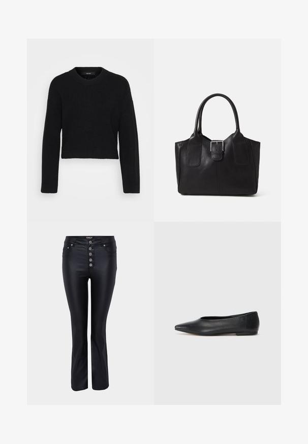 Svart kortermet genser laget av strikket stoff. Har rund halslinning, lange ermer og en teksturert overflate med en tett passform i nederkant.; Sorte flared jeans med et slankt design, laget av et glatt materiale. Har fem sølvfargede knappelukkinger og lommer foran.; Sorte lærballerina med spiss tå, minimalistisk design, glatt tekstur, lav hæl uten synlig metall eller dekorasjoner.; Svart skinn toteveske med jevn tekstur, strukturert form, to håndtak og en fremtredende sølvspenne foran.