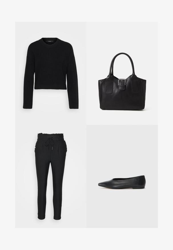 Melnā īsā džemperī izgatavots no adīta auduma. Ietver apaļu izgriezumu, garas piedurknes un strukturētu virsmu ar pieguļošu piegriezumu apakšējā daļā.; ONLY Petite ONLPOPTRASH CLASSI PINSTRIPE FRILL - Auduma bikses - black; Melna ādas baleta kurpe, ar norādītu purngalu, minimālisma dizains, gluda tekstūra, zema papēža augstums, bez redzamiem aksesuāriem vai rotājumiem.; Melnas ādas somiņa ar gludu tekstūru, strukturētu formu, divām rokturām un izteiktu sudraba sprādzi priekšpusē.