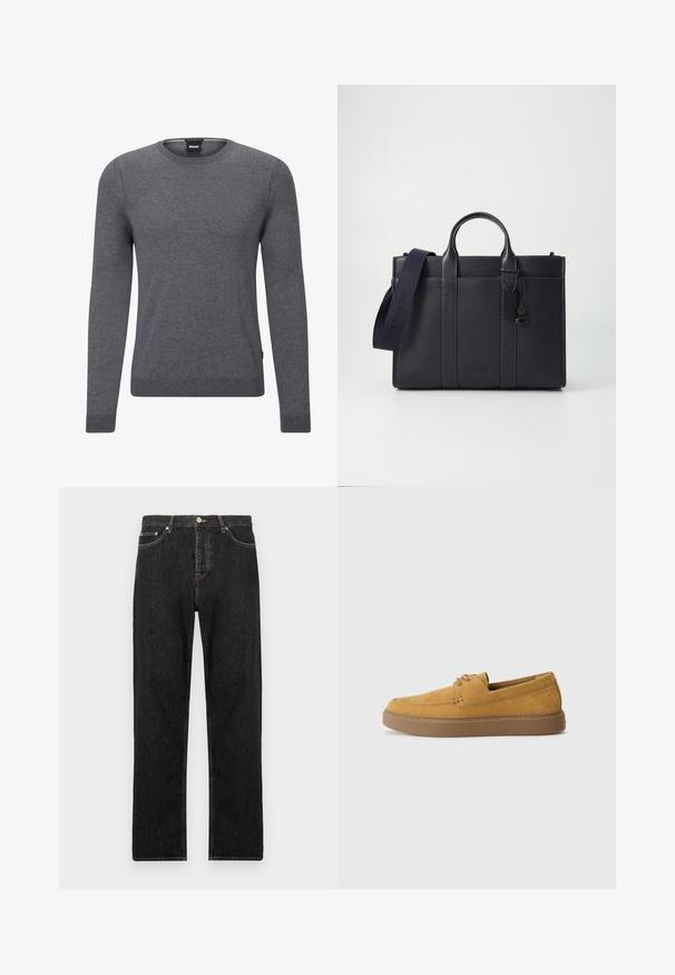 Grå crew-neck sweater lavet af blødt strikket stof. Den har lange ærmer, ribbede manchetter og kant, samt et lille logo-mærke på siden.; Sorte denim jeans med lige pasform, featuring en knaplukning, fem lommer og subtile stikninger langs sømmene.; Brune ruskinds slip-on sko med en struktureret finish, rund tå og en kontrasterende gummisål. Har diskret branding nær hælen.; Mørkeblå læderaktet med dobbelte topgreb og en aftagelig rem. Har tekstureret overflade, lodret syning og logodetalje.