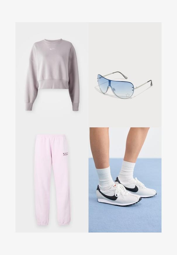 Sweatshirt ligeiramente cortado em lavanda clara, com mangas longas, punhos canelados e um pequeno logótipo branco da Nike no peito. Textura de tecido suave.; Calças de fato de treino cor-de-rosa com uma cintura elástica, tornozelos com punho e um pequeno logótipo impresso na frente. Textura de tecido suave, estilo casual.; Sapatilhas de malha brancas com detalhes pretos, bico arredondado e sola de borracha plana. Combinadas com meias brancas caneladas.; Óculos de sol aviador com lentes azuis em degradê, armação metálica prateada e detalhes decorativos de estrelas nas lentes. Design suave e elegante.