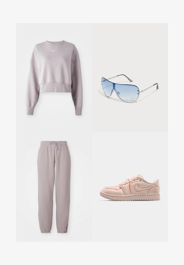 Skraćeni, svijetlo ljubičasti dukserica s dugim rukavima, rebrastim manžetama i malim bijelim Nike logotipom na prsima. Meka tekstura tkanine.; Svijetlucave ljubičaste flis hlače s elastičnim pojasom, kapicom za stezanje, bočnim džepovima i elastičnim manžetama, prikazane ravno na bijeloj pozadini.; Nike tenisice od mekog ružičastog materijala s glačalom teksturom. Klasični niskotop dizajn, s bijelim akcentima i uzorkom gumene sole.; Naočale tipa avijatičar s gradijentnim plavim staklima, okvirom od srebrnog metala i dekorativnim zvjezdastim naglascima na staklima. Glatki i elegantni dizajn.