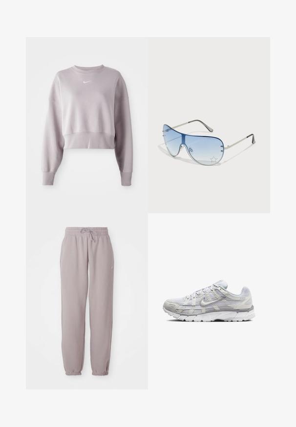 Trumpas, šviesiai levandų spalvos džemperis su ilgomis rankovėmis, raišteliais rankogaliuose ir mažuoju baltu Nike logotipu ant krūtinės. Minkšta medžiagos tekstūra.; Šviesiai violetinės fleece sportinės kelnės su elastinga juosta, raišteliais, šoninėmis kišenėmis ir elastinėmis rankovėmis, parodytos plokščiai prieš baltą foną.; Šviesiai pilki sportiniai batai su tinkline ir sintetine viršutine dalimi, turintys raištelių užsegimą, paminkštintą apykaklę ir tekstūruotą padą geresnei sukibimo kokybei.; Aviatoriai akiniai su gradientiniais mėlynais objektyvais, sidabriniu metaliniu rėmu ir dekoratyvinėmis žvaigždžių akcentais ant objektyvų. Lygaus ir stilingo dizaino.