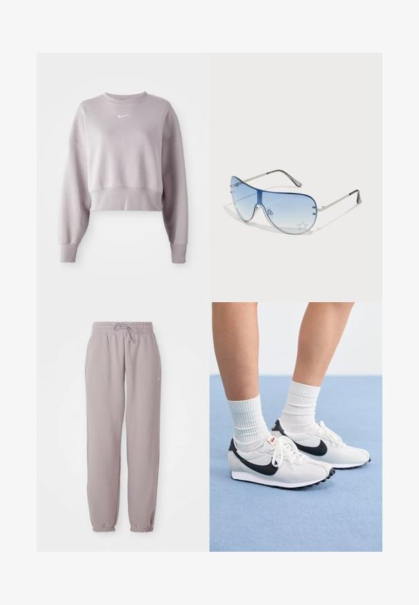 Rövidített, világoslila pulóver hosszú ujjaival, bordás mandzsettákkal és egy kis fehér Nike logóval a mellkason. Puha szövettextúra.; Világos mauve színű bolyhos melegítőnadrág, rugalmas derékpánttal, zsinórral, oldalsó zsebekkel és rugalmas mandzsettákkal, fehér háttér előtt laposan elhelyezve.; Fehér hálós sportcipők fekete részletekkel, kerek orral és lapos gumitalppal. Párban bordázott fehér zoknikkal.; Pilóta napszemüveg, melynek áttetsző kék lencséje, ezüst fém kerete és díszes csillag díszítések találhatók a lencsén. Simogató és elegáns dizájn.