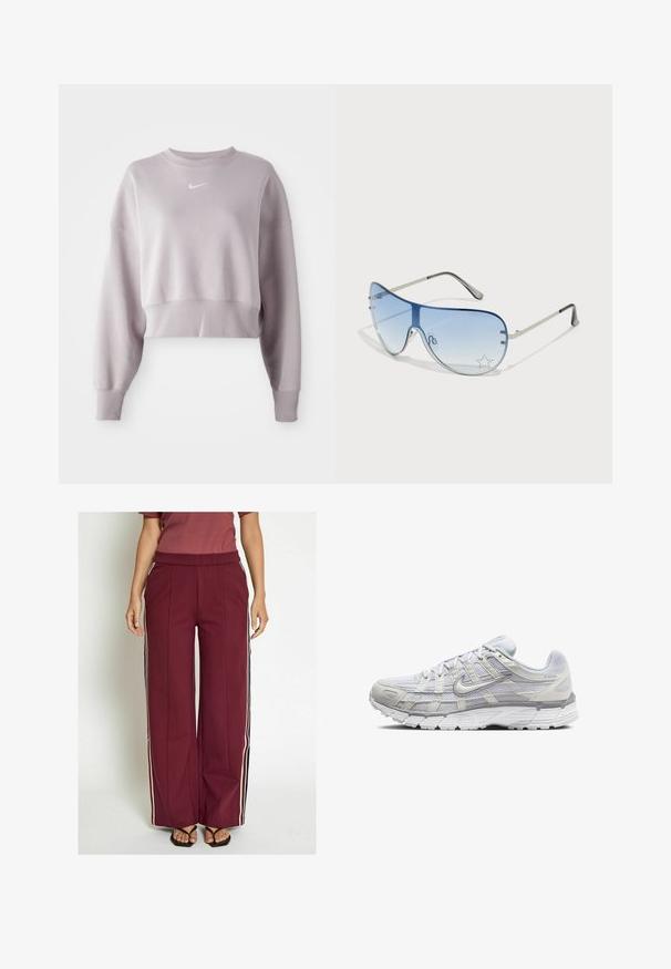 Beskaffad, ljus lavendelfärgad sweatshirt med långa ärmar, ribbade muddar och en liten vit Nike-logotyp på bröstet. Mjuk tygkvalitet.; Burgundy vida byxor med sidovilka i kräm och marinblå, med en åtsittande midja och en slät tygtextur.; Ljust grå sportskor med ovandel i mesh och syntetmaterial, med snörning, vadderad krage och texturerad sula för grepp.; Pilotglasögon med gradientblå linser, silverfärgad metallram och dekorativa stjärnaccenter på linserna. Snygg och elegant design.