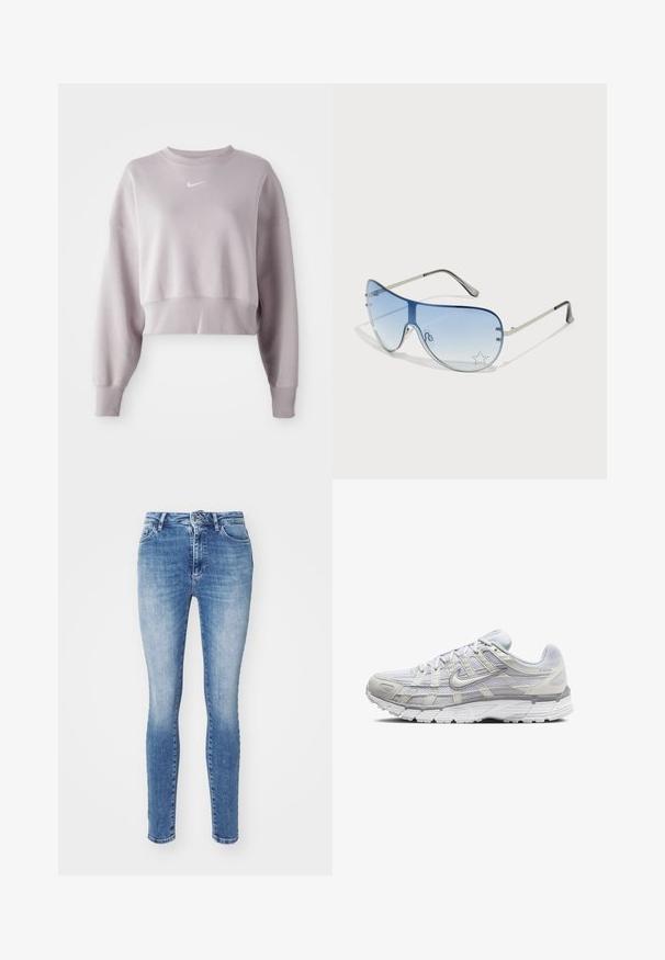 Lyhyeksi leikattu, vaalea laventeli huppari pitkillä hihoilla, urheilullisilla resoreilla ja pienellä valkoisella Nike-logolla rinnassa. Pehmeä kangas.; Kapeat farkut vaaleansinisestä denimistä, joissa on klassinen viiden taskun muotoilu, nappisulku ja lievää haalistumista reisissä tekstuuria varten.; Vaaleanharmaat urheilukengät, joissa on verkkomateriaali ja synteettinen päällinen. Varusteena on narutettavuus, pehmustettu nilkkaosa ja uritettu pohja pidon parantamiseksi.; Aviator-mallin aurinkolasit, jotka ovat varustettu gradienttisilla sinisillä linsseillä, hopeisella metallikehyksellä ja koristeellisilla tähtikoristeilla linsseissä. Joustava ja viehättävä muotoilu.