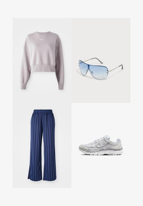 Zkrácená, světle levandulová mikina s dlouhými rukávy, žebrovanými manžetami a malým bílým logem Nike na hrudi. Měkká textilní struktura.; Kalhoty s širokými nohavicemi vyrobené z hladkého, elastického materiálu se tmavě modrými pruhy. Pas je elastický a na spodním lemu jsou rozparky pro větší pohyb.; Světle šedé sportovní boty s vrchní částí z síťoviny a syntetického materiálu, vybavené šněrováním, polstrovaným límcem a texturovanou podrážkou pro lepší přilnavost.; Pilotské sluneční brýle s modrými gradientními skly, stříbrným kovovým rámem a dekorativními hvězdnými akcenty na sklech. Hladký a elegantní design.