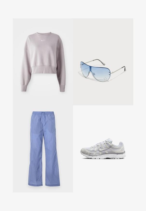 Rövidített, világoslila pulóver hosszú ujjaival, bordás mandzsettákkal és egy kis fehér Nike logóval a mellkason. Puha szövettextúra.; Kék, könnyű nadrág, rugalmas derékkal, laza szabással és oldalsó díszítéssel. Simább, tartós anyagból készült.; Világosszürke sportcipők, hálós és szintetikus felső résszel, fűzős zárással, párnázott bokával és texturált talppal a tapadás érdekében.; Pilóta napszemüveg, melynek áttetsző kék lencséje, ezüst fém kerete és díszes csillag díszítések találhatók a lencsén. Simogató és elegáns dizájn.