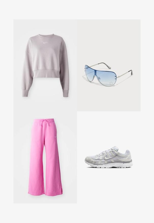 Cropped, light lavender sweatshirt with long sleeves, ribbed cuffs, and a small white Nike logo on the chest. Soft fabric texture.; Pink wide-leg sweatpants made from soft cotton, featuring a drawstring waist and a small white logo on the front.; Light gray athletic shoes with a mesh and synthetic upper, featuring a lace closure, padded collar, and textured sole for grip.; Aviator sunglasses featuring a gradient blue lens, silver metal frame, and decorative star accents on the lens. Smooth and sleek design.