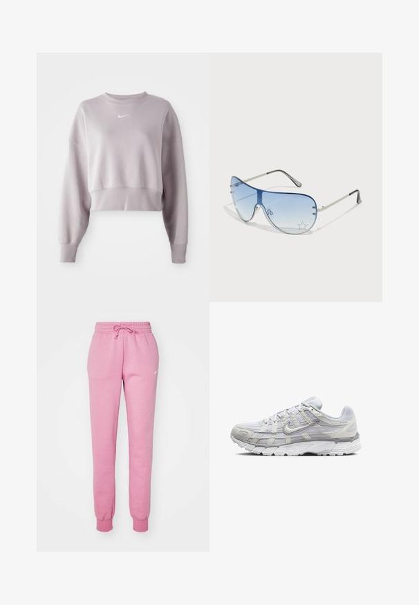 Rövidített, világoslila pulóver hosszú ujjaival, bordás mandzsettákkal és egy kis fehér Nike logóval a mellkason. Puha szövettextúra.; Rózsaszín melegítőnadrág, elasztikus derékkal, zsinóros záródással és bordázott mandzsettával. A bal combon egy kis fehér logó található.; Világosszürke sportcipők, hálós és szintetikus felső résszel, fűzős zárással, párnázott bokával és texturált talppal a tapadás érdekében.; Pilóta napszemüveg, melynek áttetsző kék lencséje, ezüst fém kerete és díszes csillag díszítések találhatók a lencsén. Simogató és elegáns dizájn.