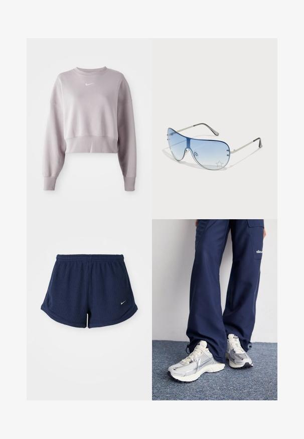 Korte, lys lavendel sweatshirt med lange ermer, ribbede mansjetter og en liten hvit Nike-logo på brystet. Myk stofftekstur.; Mørkeblå, ribbestrikkede treningsshorts med elastisk linning, som har en liten hvit Nike-logo på den nedre siden. Myk tekstur.; Nike treningssko med sølvfarget mesh-overdel, hvite detaljer og teksturerte såler, kombinert med løse mørkeblå bukser.; Pilotbriller med gradient blå linse, sølvfarget metallramme og dekorative stjerneaksenter på linsen. Glatt og stilren design.