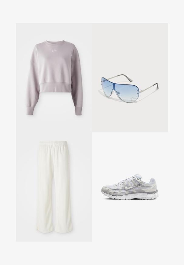 Kratka svetlolvioleta pulover z dolgimi rokavi, z rebrastimi manšetami in majhnim belim logotipom Nike na prsih. Mehka tekstura tkanine.; Hlače v kremni barvi s širokimi nogami, izdelane iz lahkega materiala, z navpičnimi črtami in elastičnim pasom.; Svetlo sivi atletski čevlji z zgornjim delom iz mrežaste in sintetične tkanine, opremljeni z vezalkami, oblazinjenim ovratnikom in teksturiranim podplatom za dober oprijem.; Pilotne sončne očala z gradijentnimi modrimi lečami, srebrnim kovinskim okvirjem in okrasnimi zvezdastimi detajli na lečah. Gladek in eleganten dizajn.