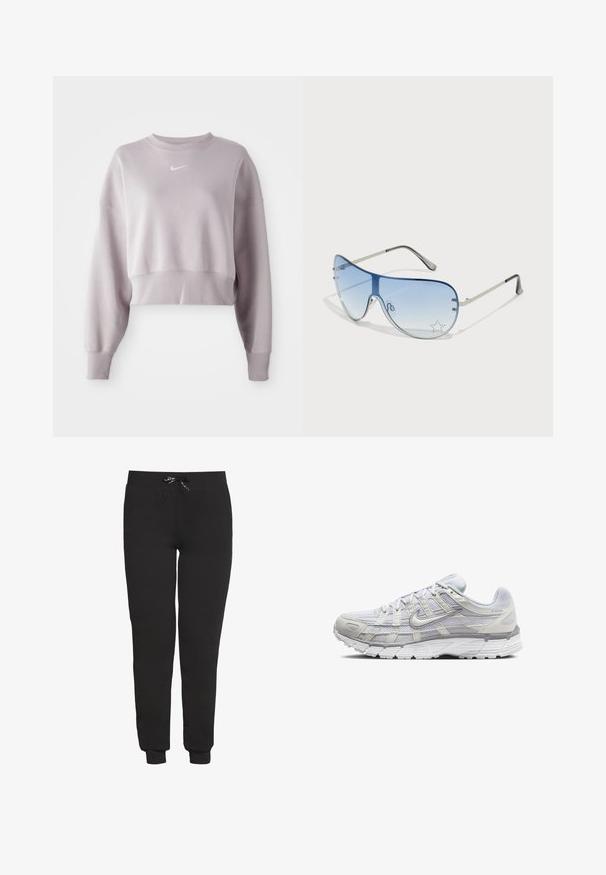 Skraćeni, svijetlo ljubičasti dukserica s dugim rukavima, rebrastim manžetama i malim bijelim Nike logotipom na prsima. Meka tekstura tkanine.; Crne trenirke napravljene od mješavine pamuka, s pojasom koji se može prilagoditi uz pomoć vezice i rebrastim manžetama. Jednostavan dizajn bez uzoraka.; Svijetlosive atletske cipele s mrežastim i sintetičkim gornjim dijelom, s vezanjem, podstavljenim ovratnikom i teksturiranim potplatom za bolje prianjanje.; Naočale tipa avijatičar s gradijentnim plavim staklima, okvirom od srebrnog metala i dekorativnim zvjezdastim naglascima na staklima. Glatki i elegantni dizajn.