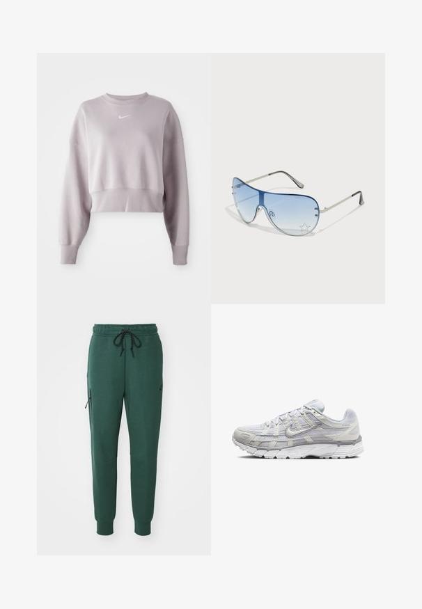 Trumpas, šviesiai levandų spalvos džemperis su ilgomis rankovėmis, raišteliais rankogaliuose ir mažuoju baltu Nike logotipu ant krūtinės. Minkšta medžiagos tekstūra.; Nike Sportswear W TCH MR JGGER 2 - Treningo apatinė dalis - vintage green/black; Šviesiai pilki sportiniai batai su tinkline ir sintetine viršutine dalimi, turintys raištelių užsegimą, paminkštintą apykaklę ir tekstūruotą padą geresnei sukibimo kokybei.; Aviatoriai akiniai su gradientiniais mėlynais objektyvais, sidabriniu metaliniu rėmu ir dekoratyvinėmis žvaigždžių akcentais ant objektyvų. Lygaus ir stilingo dizaino.