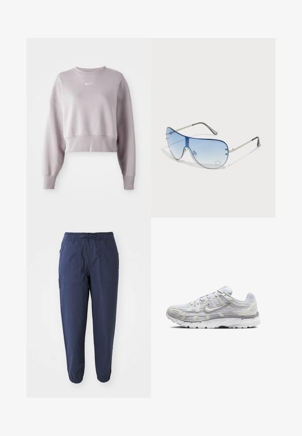 Sudadera recortada en lavanda clara con mangas largas, puños acanalados y un pequeño logo blanco de Nike en el pecho. Textura de tejido suave.; Pantalones jogger azul marino hechos de tejido ligero, con una cinturilla elástica, cordón ajustable y dos bolsillos frontales. Puños elásticos en los tobillos.; Zapatillas deportivas de color gris claro con una parte superior de malla y sintético, que cuentan con un cierre de cordones, collar acolchado y suela texturizada para mayor agarre.; Gafas de sol tipo aviador con lentes azul degradado, montura de metal plateado y acentos decorativos de estrellas en los lentes. Diseño suave y elegante.