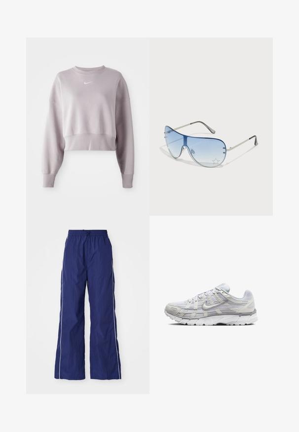 Izgriezts, gaiši lavandas svārku krekls ar garām piedurknēm, ribotām aprocēm un mazu baltu Nike logotipu uz krūtīm. Mīksta auduma tekstūra.; Jūras kara flotes zila, viegla, plata kāju bikses ar elastīgu jostu un auklu, ar baltām sānu svītrām un sakrunkātu tekstūru.; Gai pelēki sporta apavi ar sietiņa un sintētisku augšdaļu, ar auklām, mīkstu apkakli un strukturētu zoli saķerei.; Pilotstila saulesbrilles ar gradienta zilām lēcām, sudraba metāla rāmjiem un dekoratīvām zvaigžņu akcentiem uz lēcām. Gluda un eleganta dizaina.