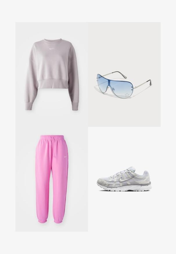 Izgriezts, gaiši lavandas svārku krekls ar garām piedurknēm, ribotām aprocēm un mazu baltu Nike logotipu uz krūtīm. Mīksta auduma tekstūra.; Rozā sporta bikses ar elastīgu jostu un šnēru. Piedurknes ir sapakotas. Uz kreisā augšstilba ir neliels balts Nike logo.; Gai pelēki sporta apavi ar sietiņa un sintētisku augšdaļu, ar auklām, mīkstu apkakli un strukturētu zoli saķerei.; Pilotstila saulesbrilles ar gradienta zilām lēcām, sudraba metāla rāmjiem un dekoratīvām zvaigžņu akcentiem uz lēcām. Gluda un eleganta dizaina.