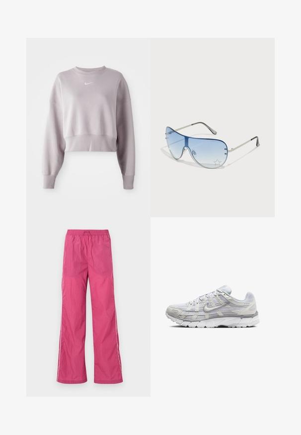 Izgriezts, gaiši lavandas svārku krekls ar garām piedurknēm, ribotām aprocēm un mazu baltu Nike logotipu uz krūtīm. Mīksta auduma tekstūra.; Rozā vieglas bikses ar aukliņu jostu, plašu kāju dizainu un baltām sānu joslām. Gluda tekstūra, piemērota ikdienas valkāšanai.; Gai pelēki sporta apavi ar sietiņa un sintētisku augšdaļu, ar auklām, mīkstu apkakli un strukturētu zoli saķerei.; Pilotstila saulesbrilles ar gradienta zilām lēcām, sudraba metāla rāmjiem un dekoratīvām zvaigžņu akcentiem uz lēcām. Gluda un eleganta dizaina.