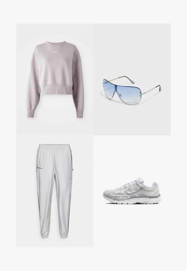 Rövidített, világoslila pulóver hosszú ujjaival, bordás mandzsettákkal és egy kis fehér Nike logóval a mellkason. Puha szövettextúra.; Világosszürke sportnadrág sima anyagból, gumis derékrésszel, oldalzsebekkel és hímzett logórészletekkel az elején.; Világosszürke sportcipők, hálós és szintetikus felső résszel, fűzős zárással, párnázott bokával és texturált talppal a tapadás érdekében.; Pilóta napszemüveg, melynek áttetsző kék lencséje, ezüst fém kerete és díszes csillag díszítések találhatók a lencsén. Simogató és elegáns dizájn.