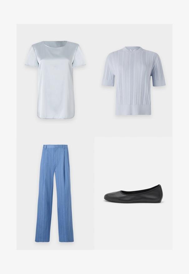 Világoskék, rövid ujjú kötött felső, függőleges bordázott textúrával és kerek nyakkivágással. Az anyag finom részletezéssel rendelkezik, és váltott szegéllyel zárul.; Világoskék, rövid ujjú felső, sima anyagból készült, kerek nyakkivágással és egyenes szabással, amely enyhe fényességgel rendelkezik. Nincsenek látható minták vagy logók.; Világoskék, bő szárú nadrág függőleges fehér csíkokkal. Simább anyagból készült, elöl redőzéssel és letisztult derékpánttal rendelkezik.; Fekete bőr balettcipő lekerekített orral, sima tekstúrával, minimális varrással és rugalmas talp kialakítással.