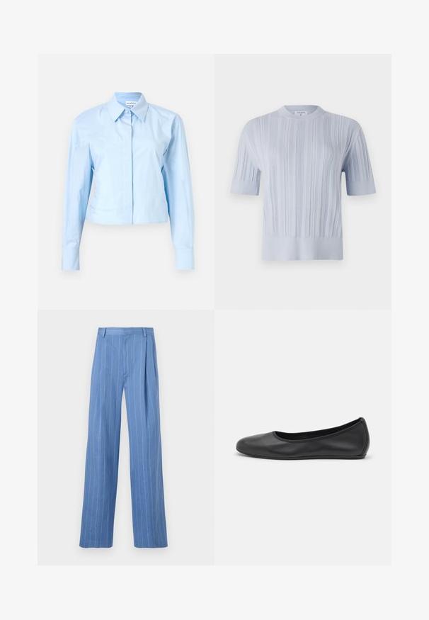 Gaišzils īsām piedurknēm adīts tops ar vertikālu ribu tekstūru un apaļu kakla izgriezumu. Audumam ir smalki akcenti ar pieguļošu apakšmalu.; Gaiši zils īsais krekls ar garām piedurknēm un pogājamu apkakli, izgatavots no gludas auduma. Iezīmē priekšējo pogu rindu un strukturētas aproces.; Gaiši zili platajā kāja bikses ar vertikālām balta līnijām. Izgatavotas no gluda materiāla, ar priekšējo kroku un vienkāršu jostas dizainu.; Melna ādas baleta kurpe ar noapaļotu purngalu, gludu tekstūru, minimālu šuvju detalizāciju un elastīgu zoles dizainu.