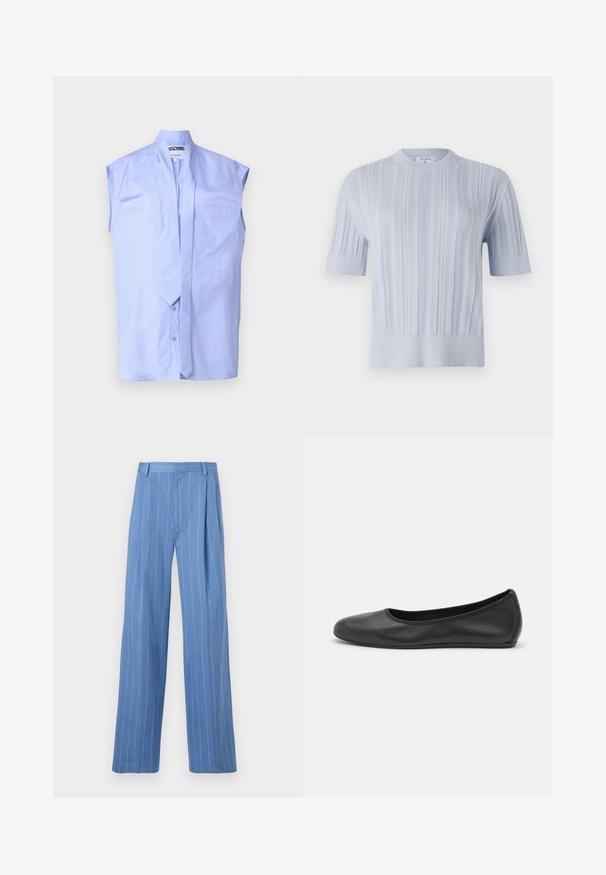Top a maniche corte in maglia blu chiaro con texture a righe verticali e scollatura rotonda. Il tessuto presenta dettagli sottili con orlo aderente.; Camicetta senza maniche di colore azzurro chiaro con colletto alto, chiusura frontale con bottoni e una tasca sul petto. Realizzata in morbido tessuto di cotone.; Pantaloni a gamba larga blu chiaro con strisce bianche verticali. Realizzati in materiale morbido, presentano una piega frontale e un design della vita pulito.; Pantofole da balletto nere in pelle con punta arrotondata, texture liscia, dettagli di cucitura minimi e design con suola flessibile.