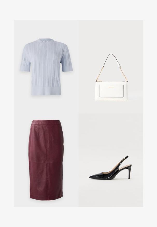 Ljust blå kortärmad stickad topp med vertikal ribbad textur och rund halsringning. Tyget har subtila detaljer med en figurnära nederkant.; Burgundy läder pennkjol med en slät textur, knä-lång design och subtila sömnadsdetaljer. Inga synliga fästen.; Svart patenterat läder slingback pumps med spetsig tå, smal klack och en subtil utskärning. Har en guldbuckle på remmen.; Vit läderhandväska med texturerad yta, med guldkedjeslinga och svarta accenter. Inkluderar en framsida ficka och dragkedjestängning.