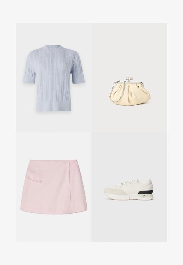 Lyseblå kortermet strikket topp med vertikal ribbet tekstur og rund hals. Stoffet har diskret detaljer med en tettsittende nederkant.; Rosa linbukse med en buet nederkant, sidelomme og en enkelt knappelukking i midjen. Glatt tekstur og enkel design.; Hvite sneakers med en teksturert ser ut som en suede tåhette, glatt mesh-overdel, dekorative snørebånd og en svart gummihælaccent.; Foliebeige lærveske med plisseringer og en sølvmetalramme, med to runde dekorative låser og en sølvkjede.