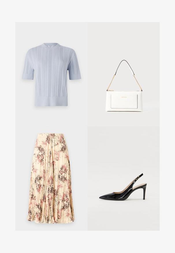 Világoskék, rövid ujjú kötött felső, függőleges bordázott textúrával és kerek nyakkivágással. Az anyag finom részletezéssel rendelkezik, és váltott szegéllyel zárul.; Bézs pliszírozott midi szoknya rózsaszín, fekete és kék virágmintával, elasztikus derékrésszel.; Fekete lakk bőr kötött magassarkú cipő, hegyes orral és karcsú sarokkal, finom kivágásos dizájnnal. Az övön arany csatt található.; Fehér bőr kézitáska, texturált felülettel, arany lánccal és fekete részletekkel. Elülső zsebbel és cipzáros zárással rendelkezik.