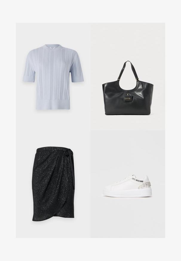 T-shirt tricot à manches courtes de couleur bleu clair, présentant une texture en côtes verticales et un col rond. Le tissu révèle des détails subtils avec une finition ajustée.; Jupe portefeuille noire avec une finition texturée et scintillante. Possède un lien à la taille et un design drapé pour une silhouette élégante.; Baskets blanches avec un dessus en cuir lisse, une épaisse semelle blanche et un accent décoratif en strass au niveau du talon portant la marque "LOVE MOSCHINO".; Sac fourre-tout en cuir noir avec une finition brillante, un sommet arrondi, deux bretelles et un accent en métal doré sur le devant.