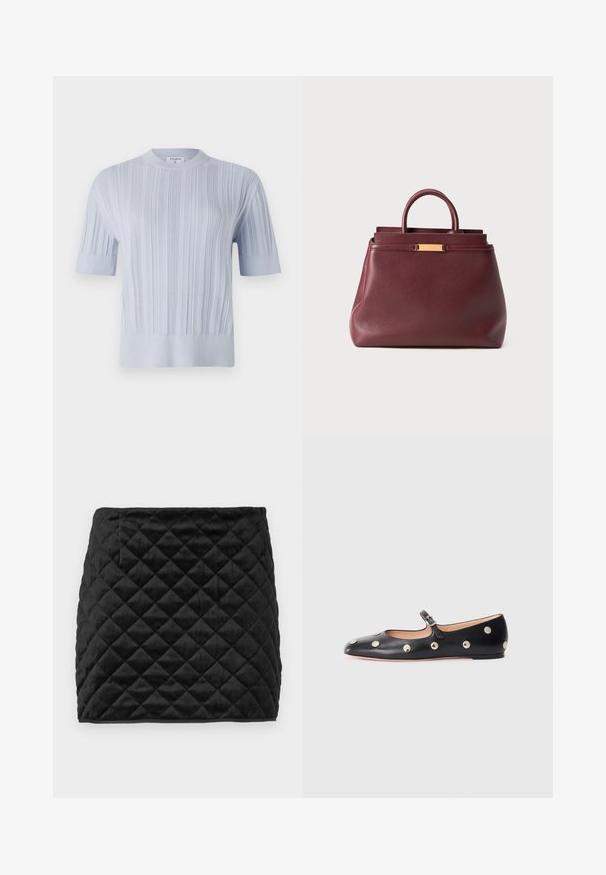 Gaišzils īsām piedurknēm adīts tops ar vertikālu ribu tekstūru un apaļu kakla izgriezumu. Audumam ir smalki akcenti ar pieguļošu apakšmalu.; Melna kviltota mini svārku no mīksta auduma, ar dimantu rakstu, taisnu griezumu un slēptu sānu kabatu.; Melna ādas Mary Jane līdzena zābaku ar noapaļotu purngalu, kurā ir sudraba apaļie kniedes un regulējama siksniņa ar sprādzi.; Burgundijas ādas rokassoma ar strukturētu dizainu, kas iekļauj augšējo rokturi un zelta akcentus. Gluda tekstūra bez redzamām rakstu detaļām.