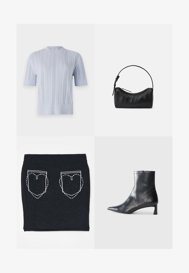 Világoskék, rövid ujjú kötött felső, függőleges bordázott textúrával és kerek nyakkivágással. Az anyag finom részletezéssel rendelkezik, és váltott szegéllyel zárul.; Fekete kötött szoknya, fehér szegélyű, szív alakú zsebekkel és szaggatott varrással. Rugalmas derékpánt a kényelem érdekében.; Fekete bőr bokacsizma hegyes orral és letisztult dizájnnal. Alacsony sarka és hátsó cipzáras záródása van. Simának tűnő textúra.; Fekete bőr válltáska ívelt formával, cipzáros záródással és vékony pánttal. Simaságot és diszkrét varrási részleteket kínál.