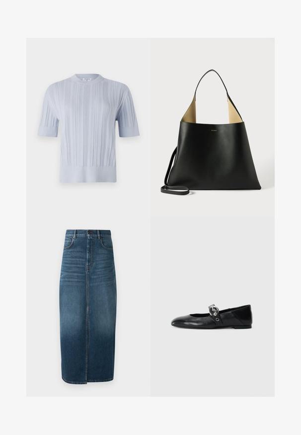Svetlomodrý pletený top s krátkym rukávom, ktorý má vertikálnu rebrovanú textúru a okrúhly výstrih. Tkanina má jemné detaily s priliehavým lemom.; Denim midi sukňa v tmavom indigu, s predným rozparkom a jemným vyblednutím. Klasický dizajn s piatimi vreckami a kovovým gombíkom na zapínanie.; Čierne kožené baletky s špicatou špičkou, so pásikom s okrúhlou kovovou sponou a plochou podrážkou.; Čierna kožená taška s priestranným a ostrým dizajnom. Obsahuje kontrastné béžové vnútro a tenký ramenný popruh. Minimalistické logo.