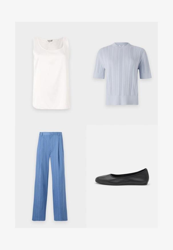 Top de punto de manga corta en azul claro, con textura de canalé vertical y cuello redondo. La tela presenta un detalle sutil con un dobladillo ajustado.; Top blanco sin mangas con un escote redondeado, hecho de una tela suave y brillante; diseño simple sin patrones ni adornos.; Pantalones de pierna ancha azul claro con rayas verticales blancas. Hechos de un material suave, con un pliegue frontal y un diseño de cinturilla limpia.; Bailarina de piel negra con punta redondeada, textura suave, detalle de costura minimalista y diseño de suela flexible.
