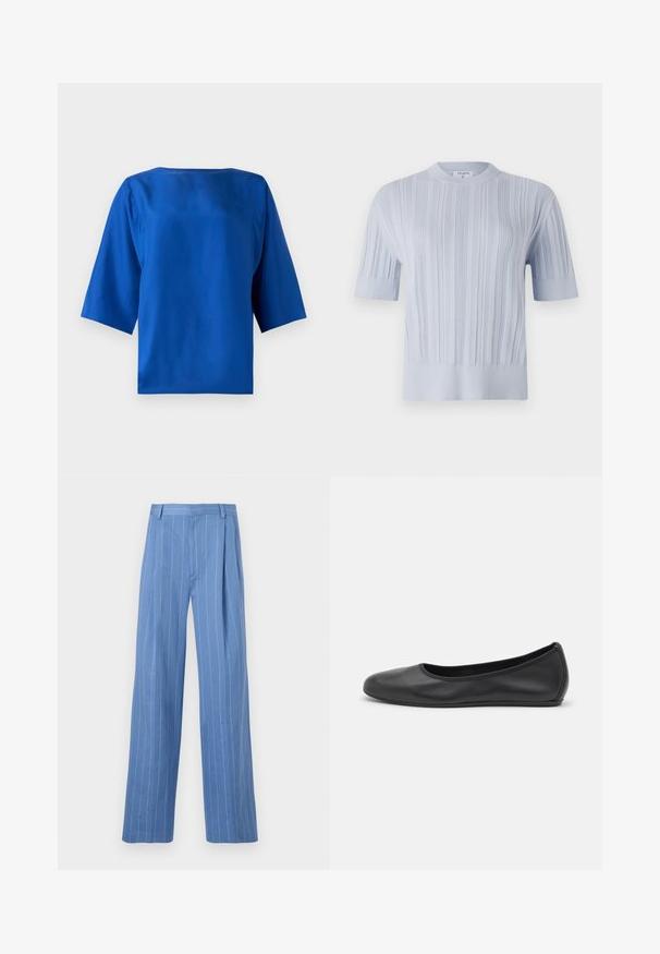 Top tricotat scurt, de culoare albastru deschis, cu mâneci scurte, prezentând o textură ribbed verticală și un decolteu rotund. Țesătura are detalii subtile cu un tiv ajustat.; Top scurt bleu royal cu un design minimalist, textură mătăsoasă, gât rotund și croială lejeră. Fără modele sau accesorii vizibile.; Pantaloni largi de culoare bleu deschis, cu dungi verticale albe. Confectionați dintr-un material neted, cu pliuri frontale și un design curat al taliei.; Balerini din piele neagră, cu vârf rotund, textură netedă, detalii de cusătură minimale și un design al tălpii flexibil.
