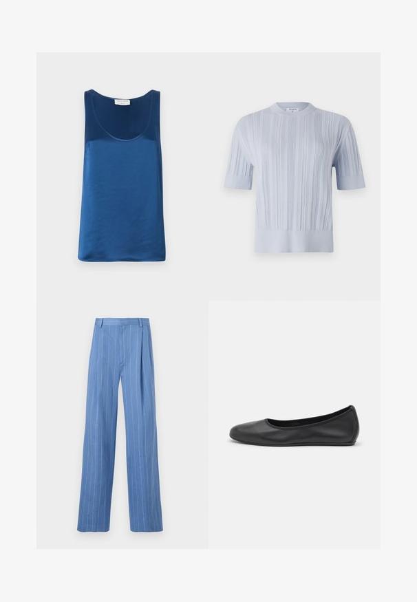 Light blue short-sleeved knit top featuring vertical ribbed texture and a crew neckline. The fabric shows subtle detailing with a fitted hem.; Blue satin tank top featuring a rounded neckline and wide shoulder straps, smooth texture, and a relaxed fit.; Light blue wide-leg trousers with vertical white stripes. Made of smooth material, featuring a front pleat and a clean waistband design.; Black leather ballet flat with a rounded toe, smooth texture, minimal stitching detail, and a flexible sole design.