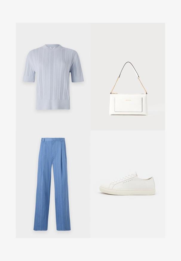 Svetlo modra kratkozaprstna pletena majica z vertikalno rebrasto teksturo in okroglim izrezom. Tkanina prikazuje subtilne detajle z ožjim robom.; Svetlo modre široke hlače z vertikalnimi belimi črtami. Narejene iz gladkega materiala, z sprednjim pregibom in čistim dizajnom pasu.; Bele usnjene superge z gladko teksturo, okroglo konico, minimalnimi luknjicami za vezalke in ravnim gumijastim podplatom. Preprost dizajn brez dodatnih okrasov.; Bela usnjena torbica z teksturirano površino, ki vključuje zlat pas in črne detajle. Ima sprednji žep in zadrgo.