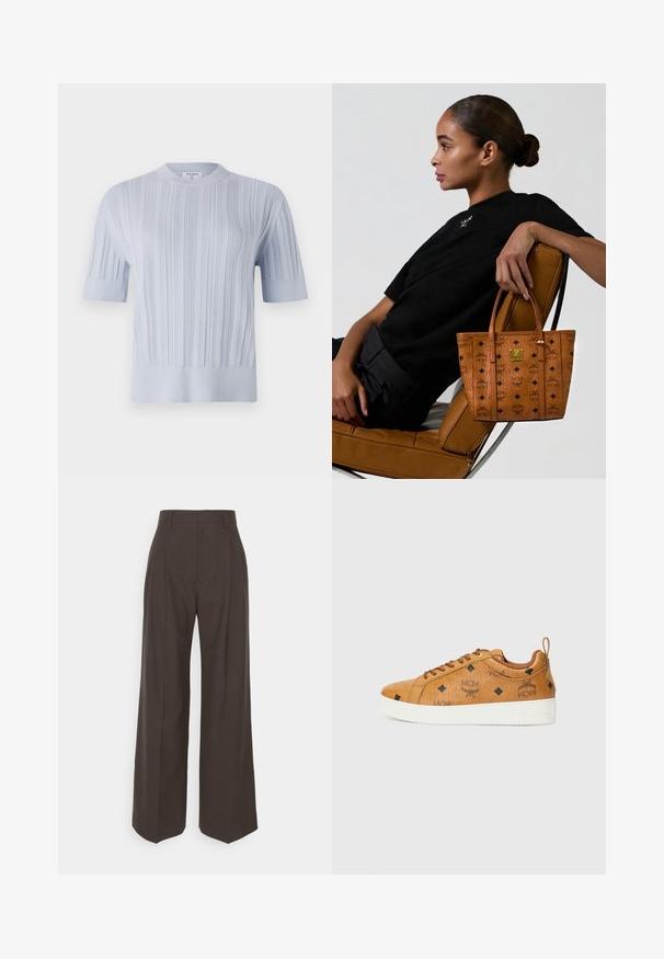 Light blue short-sleeved knit top featuring vertical ribbed texture and a crew neckline. The fabric shows subtle detailing with a fitted hem.; Dark brown wide-leg trousers with a high waist, featuring neatly pressed creases, smooth texture, and a tailored fit.; Brown leather sneakers with contrasting white rubber soles, featuring black diamond patterns and MCM logos on the side. Include laces and a rear tab.; Woman with hair in bun sits sideways on tan leather chair, holding tan patterned tote bag with black logos and gold emblem.