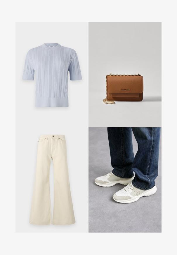 Top de punto de manga corta en azul claro, con textura de canalé vertical y cuello redondo. La tela presenta un detalle sutil con un dobladillo ajustado.; Jeans acampanados de color beige claro, fabricados en algodón. Presentan una cintura alta, cinco bolsillos y un cierre de botón con detalles de costura en contraste.; Zapatillas en gris claro y suave beige de malla con acentos de ante. Presenta un diseño de cordones y una gruesa suela de goma blanca. Llevadas con jeans azules.; Bolso crossbody de cuero texturizado marrón con correa de cadena dorada y cierre de solapa. La parte frontal presenta un detalle de logo y un bolsillo debajo de la solapa.