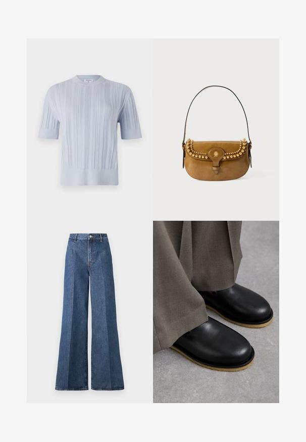 Lichtblauw, kort mouwend, gebreid topje met verticale ribbelstructuur en een ronde halslijn. De stof vertoont subtiele details met een fitted zoom.; Wijd flonkerige blauwe denim jeans met een hoge taille, voorzien van klassieke vijf-pocketstijl en een knoopsluiting, gemaakt van gestructureerde katoen.; Zwarte leren schoenen met een ronde neus, platte zool en contrasterende lichtbruine buitenzool, gedragen met losse grijze broeken.; Bruine leren handtas met een gebogen vorm, voorzien van gouden studs langs de bovenkant, een korte schouderband en een sluiting met een gesp.