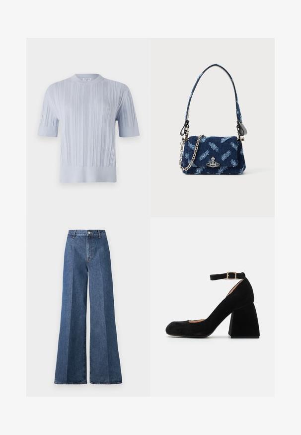 Világoskék, rövid ujjú kötött felső, függőleges bordázott textúrával és kerek nyakkivágással. Az anyag finom részletezéssel rendelkezik, és váltott szegéllyel zárul.; Nagyméretű kék farmernadrág magas derékkal, klasszikus öt zsebes stílussal és gombos záródással, struktúrált pamutszövetből készült.; Fekete velúr blokk sarkú cipő boka pánttal, négyzet alakú fémbuckle-lal. Kerek orral és texturált felülettel.; Sötétkék textil bevásárlótáska texturált mintával, ezüst hardware-ral és leválasztható láncos pánttal. Füllel zárható, logóval díszítve.