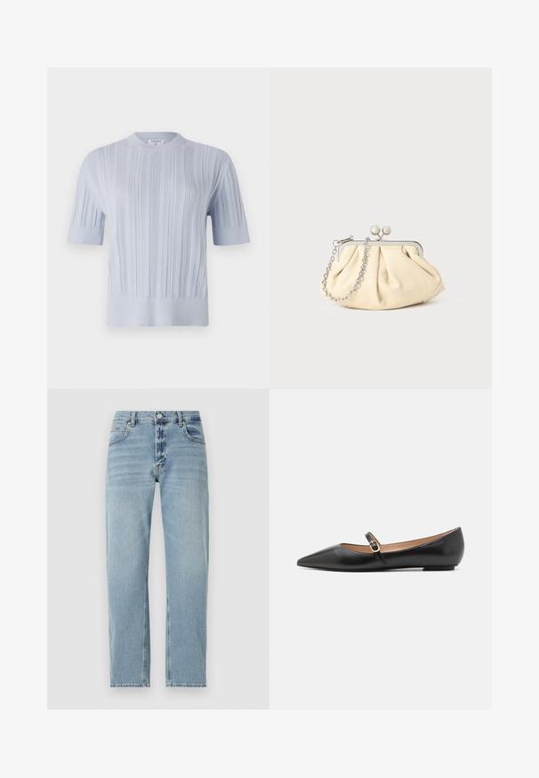 Šviesiai mėlynas trumpas rankovėmis megztinis su vertikaliu raukšlėtu raštu ir apvaliu iškirpimu. Audinys turi subtilių detalių su prigludusiu apvadu.; Šviesiai mėlyna džinsų audinio kelnės su tiesiu kirpimu, penkių kišenių dizainu ir matomais siuvinėjimo detalėmis. Kojose šiek tiek nudėvėta tekstūra.; Juodos odinės baleto bateliai su smailiu pirštu ir šoniniu dirželiu, papuoštu apvaliu auksiniu akcentu. Lengvi su plokščiu padu.; Plyšiniai smėlio spalvos odiniai rankinukai su sidabriniu metaliniu rėmu, turintys du apvalius dekoratyvinius užtrauktukus ir sidabrinę grandinėlę.