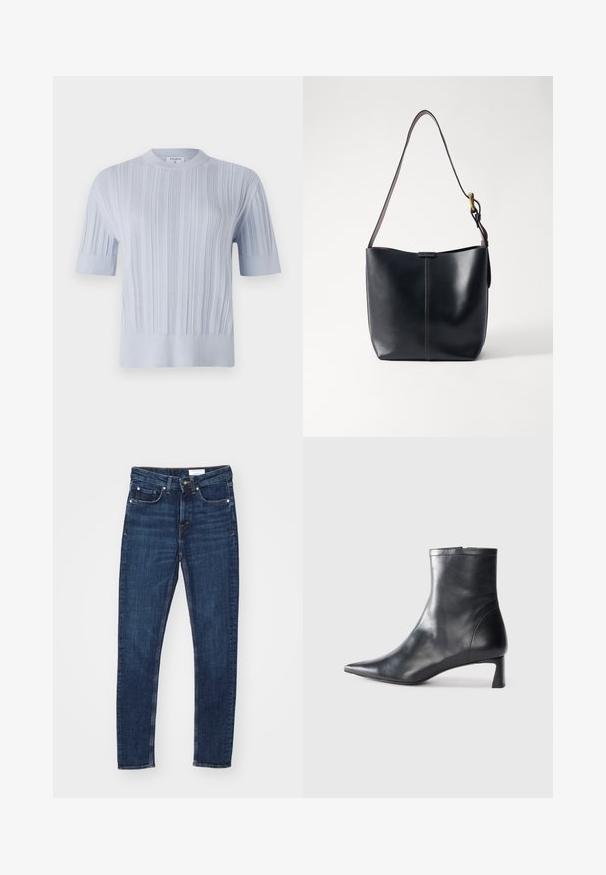 Svijetloplava kratkotrajna pletena majica s kratkim rukavima koja ima vertikalnu rebrastu teksturu i okrugli izrez. Tkanina pokazuje suptilne detalje s uskim rubom.; Tamno plave traperice slim kroja, s kopčanjem na dugme i munjac, pet džepova i kontrastnim šavovima.; Crne kožne gležnjače s uskim vrhom i elegantnim dizajnom. Imaju niski potpetak i zatvaranje na patentni zatvarač straga. Glatka tekstura.; Crna kožna torba za rame s glatkom teksturom, s tankim dugim remenom i diskretnim šavom u sredini.