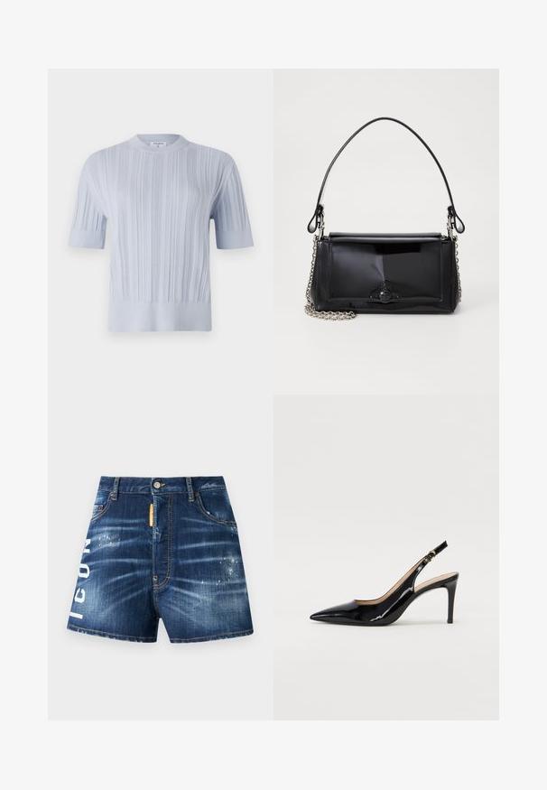 Lyseblå kortærmet striktrøje med vertikal ribbet struktur og rund halsudskæring. Stoffet har subtile detaljer med en tætsiddende kant.; Mørkeblå denim shorts med en slidt finish, prydet med hvid tekst "ICON" på venstre ben og et orange stofmærke nær taljen.; Sort patenteret læder slingback stiletto med spids tå, slank hæl og et subtilt udskæringsdesign. Har en gylden spænde på remmen.; Sort patenteret læder håndtaske med rektangulær form, kædestrop, og et særpræget hardwaredetalje i midten. Glat tekstur.