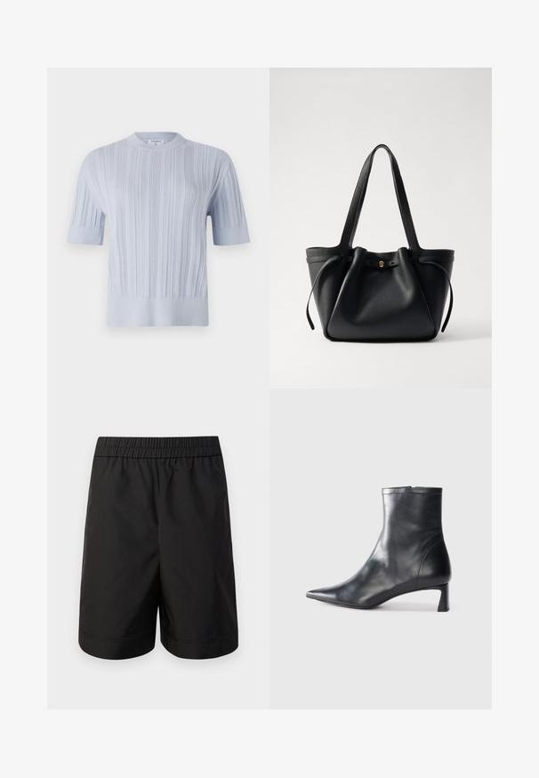 Világoskék, rövid ujjú kötött felső, függőleges bordázott textúrával és kerek nyakkivágással. Az anyag finom részletezéssel rendelkezik, és váltott szegéllyel zárul.; Fekete, könnyű anyagból készült rövidnadrág, rugalmas derékkal és egyszerű, egyenes szabással. Nincsenek látható zsebek vagy minták.; Fekete bőr bokacsizma hegyes orral és letisztult dizájnnal. Alacsony sarka és hátsó cipzáras záródása van. Simának tűnő textúra.; Fekete bőrtáska két hosszú pánttal, összehúzott tetejével és arany kör alakú díszítéssel. Sima felület, minimalista design.