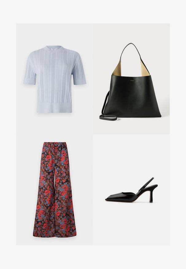 Svetlomodrý pletený top s krátkym rukávom, ktorý má vertikálnu rebrovanú textúru a okrúhly výstrih. Tkanina má jemné detaily s priliehavým lemom.; Široké nohavice vyrobené z čierneho materiálu ozdobeného živou kvetinovou potlačou v červenej a modrej farbe, s elastickým pásom pre pohodlie.; Čierne kožené sandále na podpätku s špicatou špičkou, minimalistický dizajn, tenký remienok okolo členka a elegantný stiletto podpätok. Hladká textúra.; Čierna kožená taška s priestranným a ostrým dizajnom. Obsahuje kontrastné béžové vnútro a tenký ramenný popruh. Minimalistické logo.