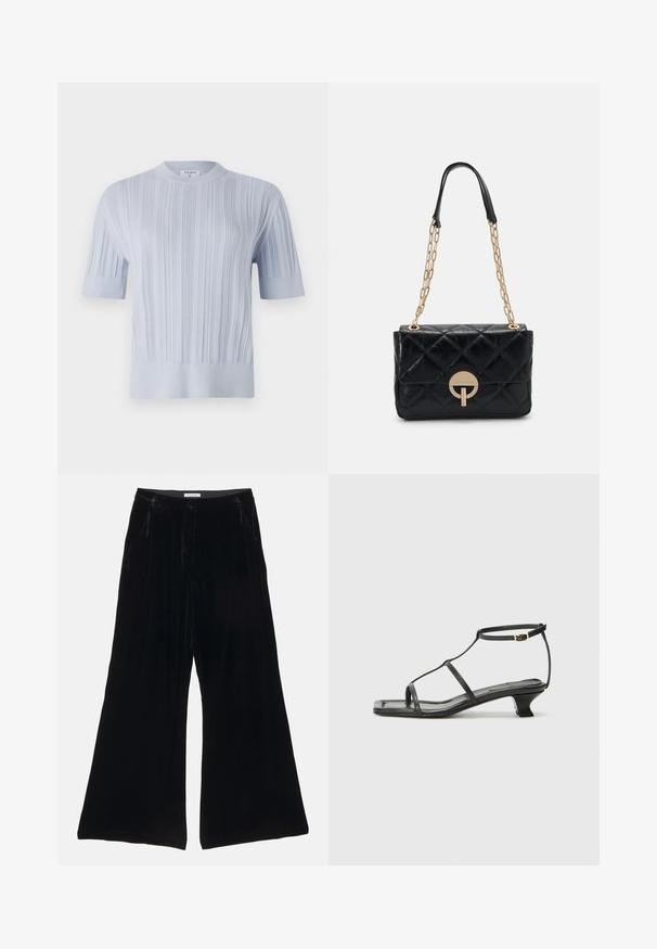 Top tricotat scurt, de culoare albastru deschis, cu mâneci scurte, prezentând o textură ribbed verticală și un decolteu rotund. Țesătura are detalii subtile cu un tiv ajustat.; Pantaloni largi din catifea neagră cu o textură netedă, având un talie croită și buzunare frontale, prezentând un design plisat.; Sandelă din piele neagră cu vârf pătrat, curele subțiri, curea ajustabilă la gleznă și toc mic. Prezintă un mic accent auriu pe curea.; Geantă din piele quilted neagră cu o curea din lanț auriu, având un detaliu circular pentru închidere. Formă compactă și rectangulară, cu o textură netedă.