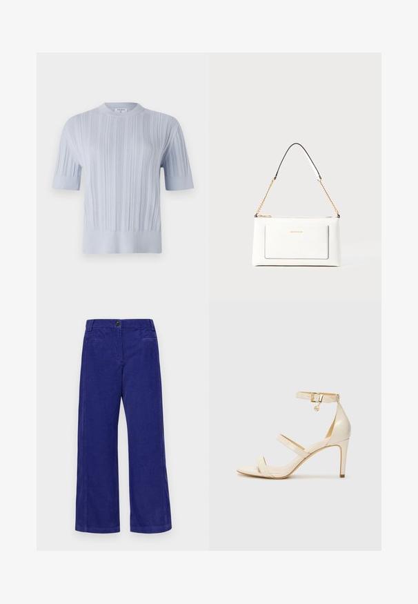 Svetlo modra kratkozaprstna pletena majica z vertikalno rebrasto teksturo in okroglim izrezom. Tkanina prikazuje subtilne detajle z ožjim robom.; Široke hlače iz žameta v temno modri barvi. Imajo gumbasto zapiranje, dva sprednja žepa in subtilno navpično rebrasto teksturo.; Bež čevlji na visoki peti s tankim trakcem okrog gležnja in dvema zgornjima trakoma. Sijajna lakirana površina in zlat detajl na trakcu okrog gležnja.; Bela usnjena torbica z teksturirano površino, ki vključuje zlat pas in črne detajle. Ima sprednji žep in zadrgo.