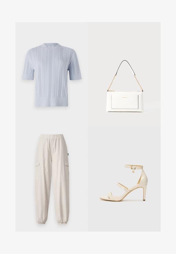 Top de malha de manga curta azul clara com textura de riscas verticais e decote redondo. O tecido apresenta detalhes subtis com uma bainha ajustada.; Calças cargo bege com cintura elástica, dois bolsos laterais e punhos afunilados. Feitas de um tecido leve com uma textura suave.; Sandálias de salto alto bege com tira fina no tornozelo e duas tiras superiores. Acabamento em patentes brilhantes e detalhe em dourado na tira do tornozelo.; Bolsa de mão branca em couro com acabamento texturizado, featuring a corrente dourada e detalhes pretos. Inclui um bolso frontal e fecho com zipper.